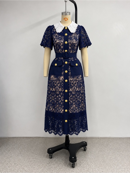 Dresses & Skirts - Navy Lace Midi Dress with White Peter Pan Collar - Blue lace gown Dress